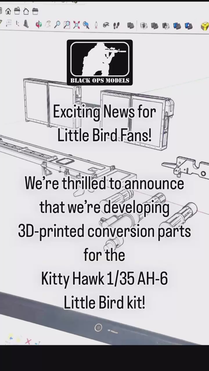 Load video: Exciting News for Little Bird Fans! We’re thrilled to announce that we’re developing 3D-printed conversion parts for the Kitty Hawk 1/35 AH-6 Little Bird kit!  Stay tuned for updates.